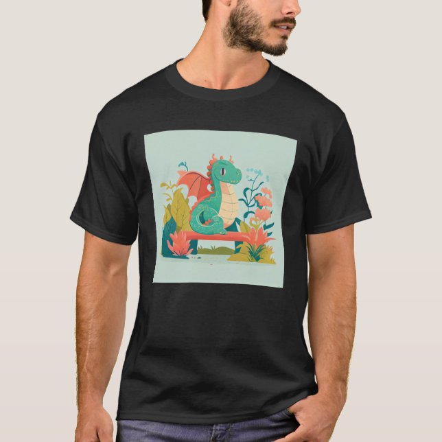 T-shirt Cute Green Dragon sitting on bench in a garden for (Devant)