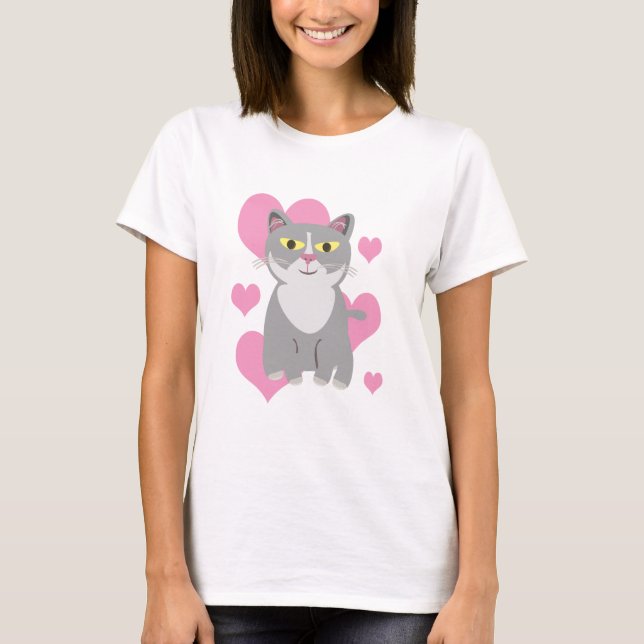 T-shirt Cute Grey Chat Aimer Dessin Animaux (Devant)