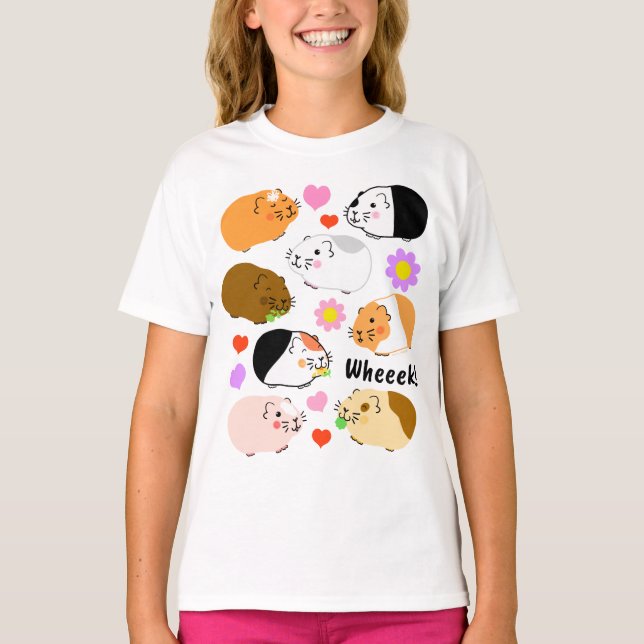 T-shirt Cute Guinea Pigs with Hearts and Flowers (Devant)