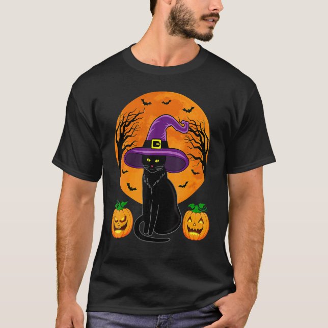 T-shirt Cute Halloween Black Cat Witch Hat Pumpkin For Kid (Devant)