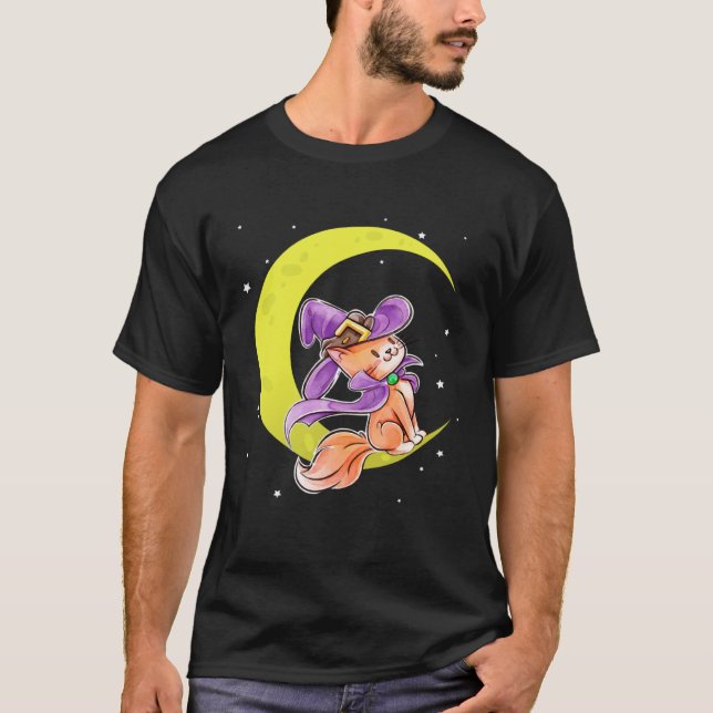 T-shirt Cute Halloween Cat Costume Witch Hat and Moon (Devant)