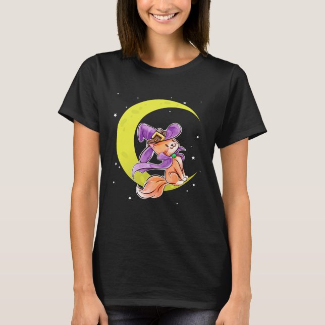 T-shirt Cute Halloween Cat Costume Witch Hat and Moon (Devant)