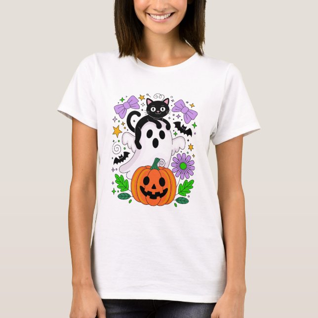 T-shirt Cute Halloween Chat Noir Fantôme et Art Citrouille (Devant)