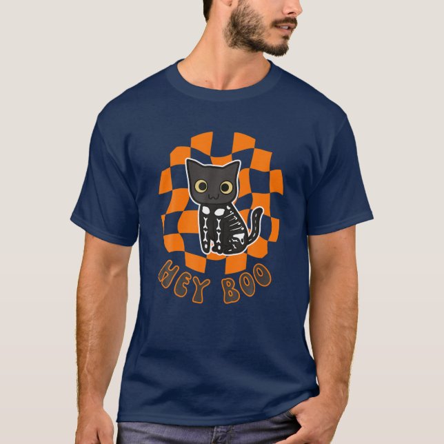 T-shirt Cute Halloween Chat Skeleton Checkerboard Tricot O (Devant)
