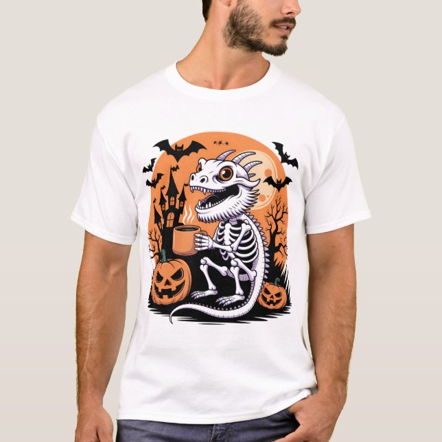 T-shirt Cute Halloween Dragon Squelette avec café (Devant)