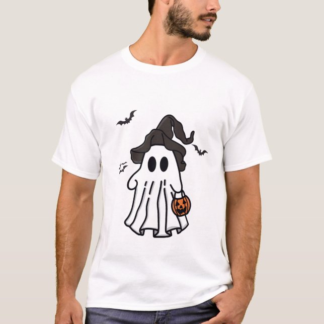 T-shirt Cute Halloween Fantôme avec sorcière Casquette et  (Devant)