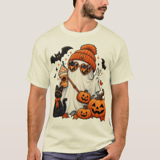 T-shirt Cute Halloween Ghost & Black Cat – Spooky Autumn