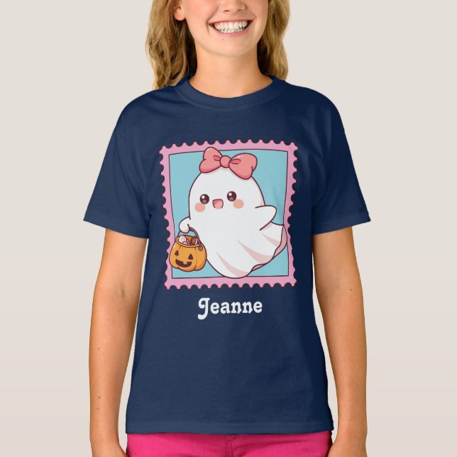 T-shirt Cute Halloween Ghost Pink Coquette Bow Kids (Devant)