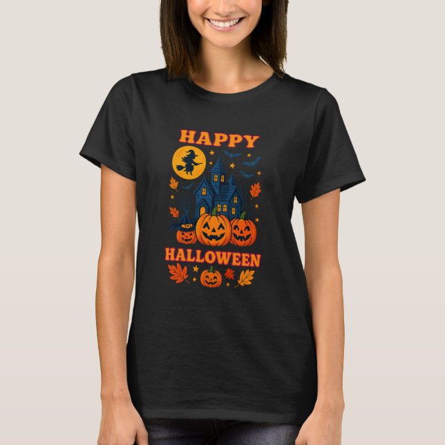 T-shirt Cute Halloween Haunted House, Pumpkin & Witch Tee (Devant)