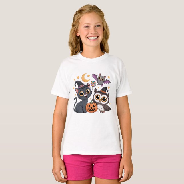T-shirt Cute Halloween KidsCat Owl  Tee (Devant entier)