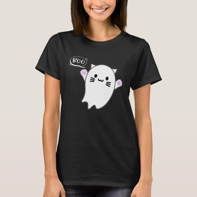 T-shirt Cute Halloween Kitten Cat Flying Ghost Boo Costume (Devant)