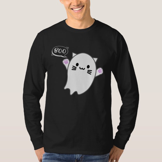 T-shirt Cute Halloween Kitten Cat Flying Ghost Boo Costume (Devant)
