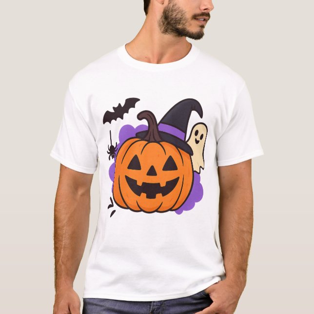 T-shirt Cute Halloween Pumpkin with Witch Hat – Ghost & Ba (Devant)