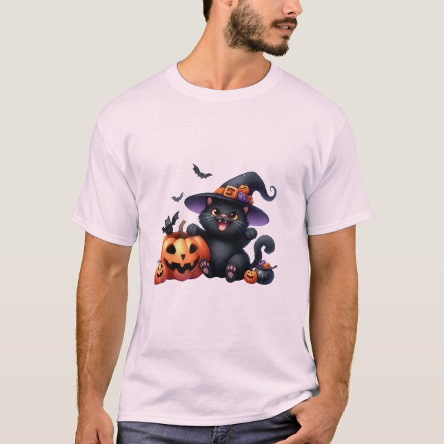 T-shirt Cute Halloween Witch Cat & Pumpkin Friend  🐾🎃 (Devant)