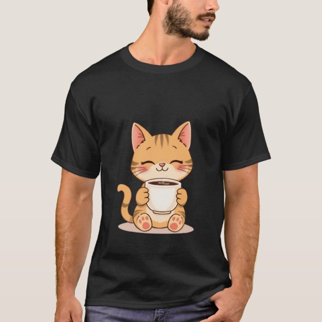 T-shirt Cute Happy Ginger Cat Sips Warm Coffee Mug ✨🐾☕ (Devant)