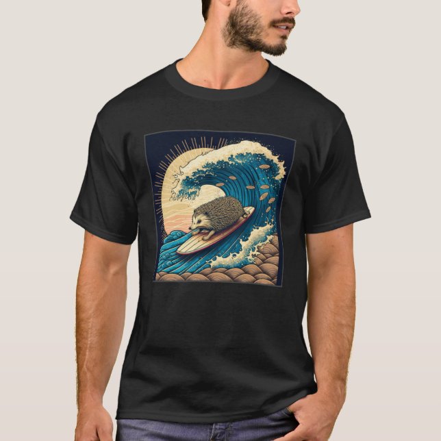 T-shirt Cute Hedgehog Surfing Illustration Sea Great Wave  (Devant)