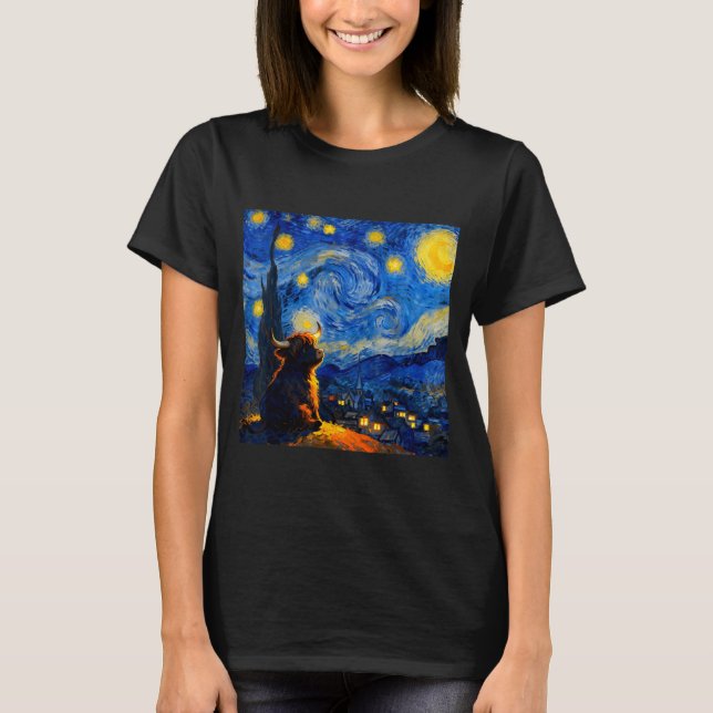 T-shirt Cute Highland Baby Cow Graphic Van Gogh Style Star (Devant)