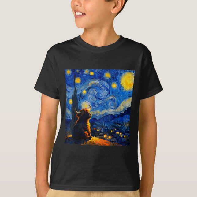 T-shirt Cute Highland Baby Cow Graphic Van Gogh Style Star (Devant)