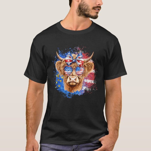 T-shirt Cute Highland Cow 4th Of July Usa Flag Patriotic C (Devant)