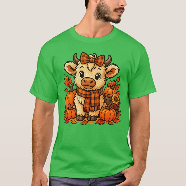 T-shirt Cute Highland Cow Autumn Pumpkin Plaid Scarf Fall  (Devant)