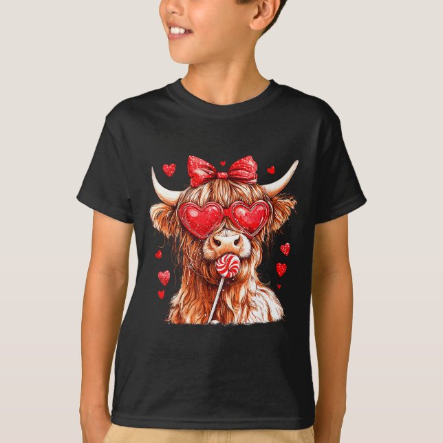 T-shirt Cute Highland Cow Candy Cane Heart Valentines Day  (Devant)