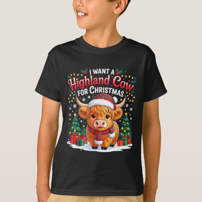 T-shirt Cute Highland Cow Christmas Funny Santa Lights Hol (Devant)