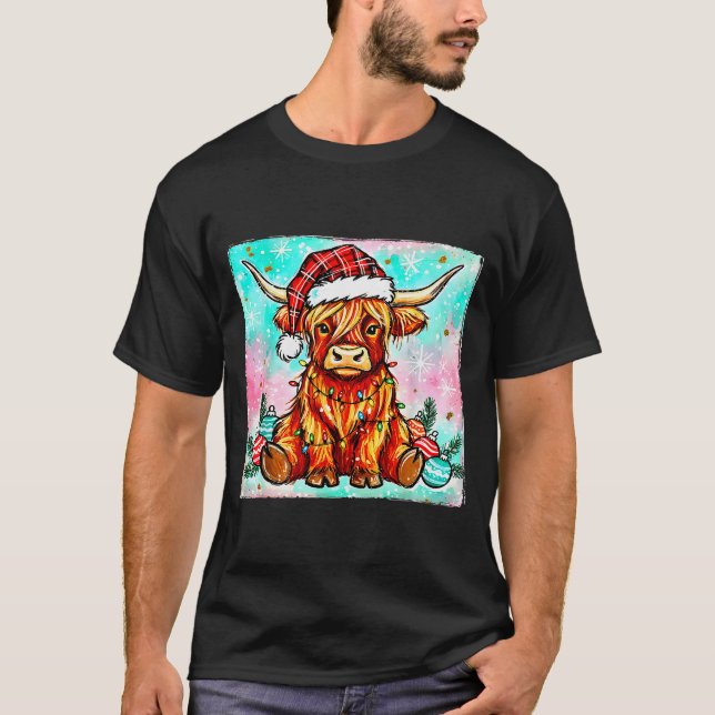 T-shirt Cute Highland Cow Christmas Lights Merry Xmas Cows (Devant)
