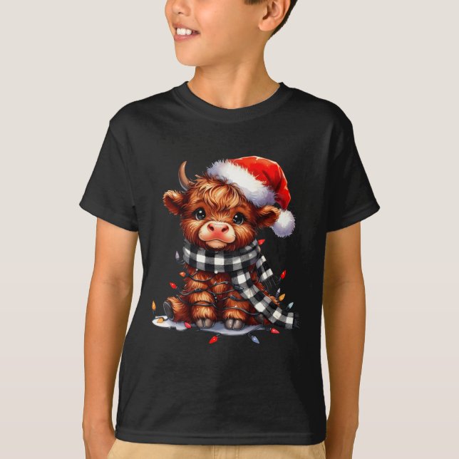 T-shirt Cute Highland Cow Christmas Lights Santa Hat Winte (Devant)