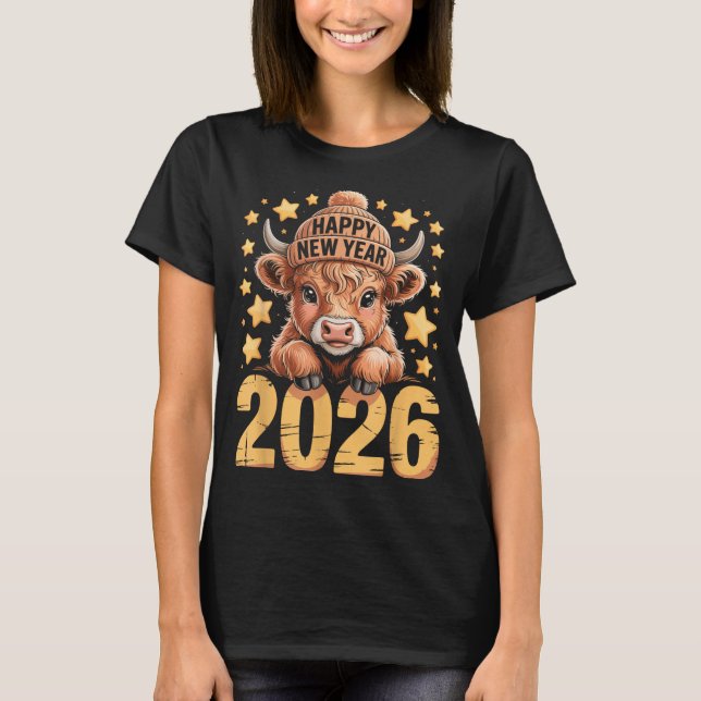T-shirt Cute Highland Cow Happy New Year 2026 Tee Funny An (Devant)
