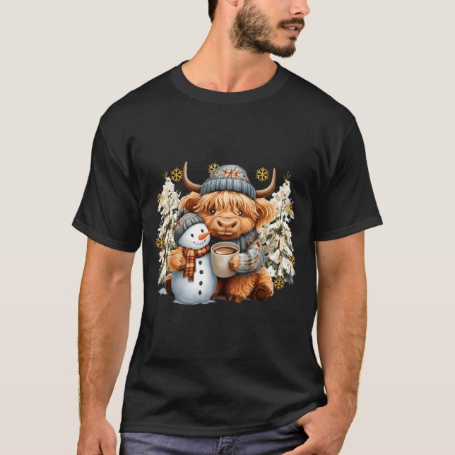 T-shirt Cute Highland Cow With Snowman Hot Cocoa Christmas (Devant)