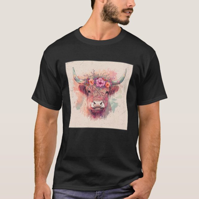 T-shirt Cute Highland Hairy Cow Paint Splatter Floral Colo (Devant)