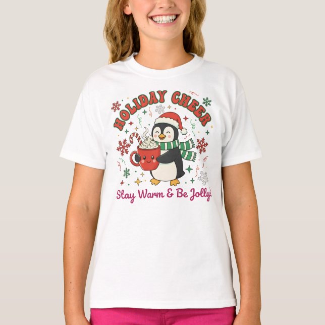 T-shirt Cute Holiday Penguin with Cocoa & Cheer (Devant)
