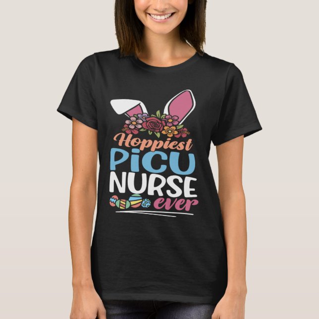T-shirt Cute Hoppiest PICU Nurse Ever Bunny Ear Red Plaid  (Devant)