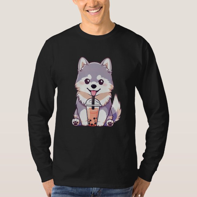 T-shirt Cute Husky Dog Drinking Bubble Milk Tea  Dog (Devant)