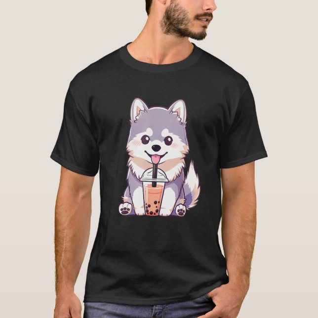 T-shirt Cute Husky Dog Drinking Bubble Milk Tea  Dog (Devant)