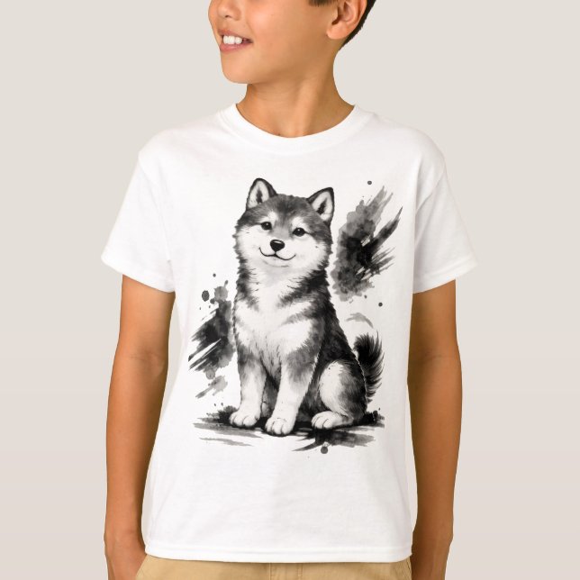 T-shirt 【Cute Husky Japanese Ink Art Kids T-Shirt】 (Devant)