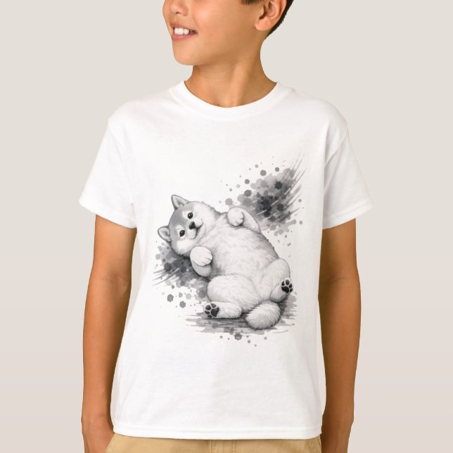 T-shirt 【Cute Husky Puppy Ink Art Kids T-Shirt】 (Devant)