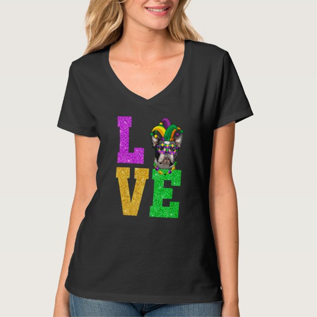 T-shirt Cute I Lote Mardi Gras Boston Terrier Chien Chien  (Devant)