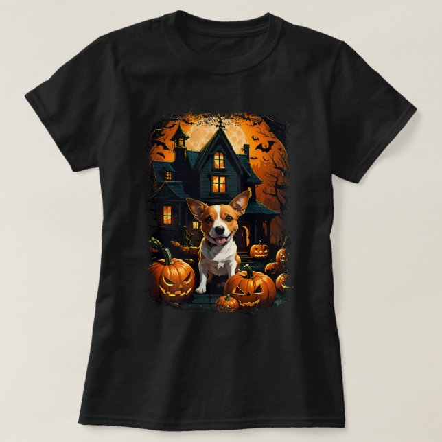 T-shirt Cute Jack Russell Une Éffrayante Pleine lune Maiso (Design devant)