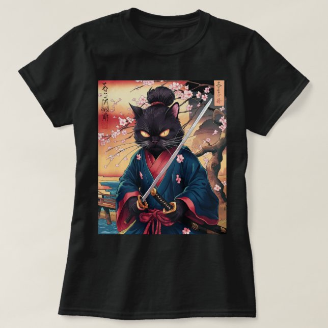 T-shirt Cute Japanese Samurai Cat  (Design devant)