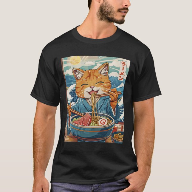 T-shirt Cute Japonaise Ramen Chat La Grande Vague (Devant)