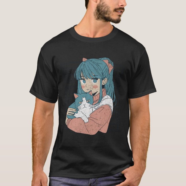 T-shirt Cute Kawaii Anime Girl Avec Chat Kitty Manga Japon (Devant)