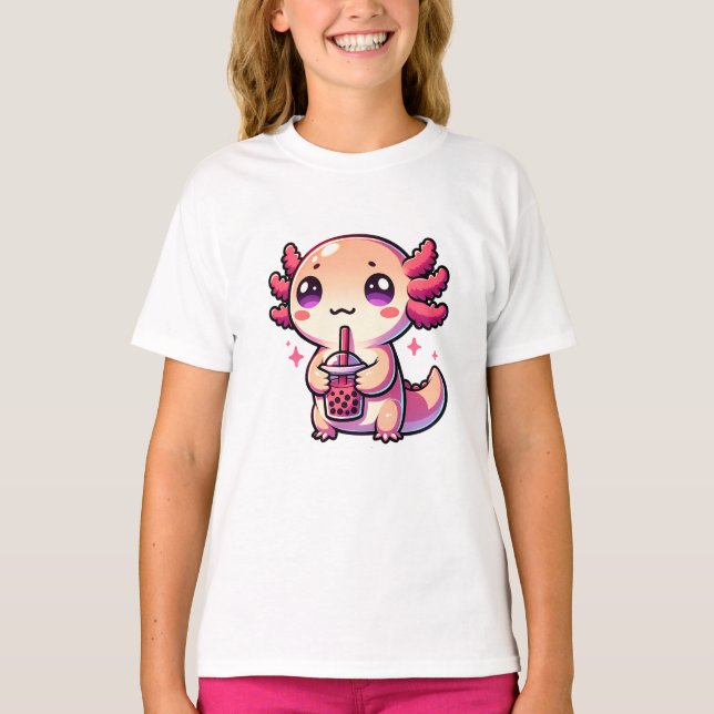 T-shirt Cute Kawaii Axolotl avec thé à bulle (Devant)