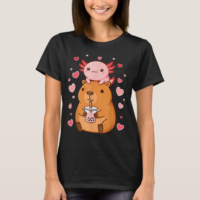 T-shirt Cute Kawaii Axolotl Capybara Bubble Tea Boys Girls (Devant)