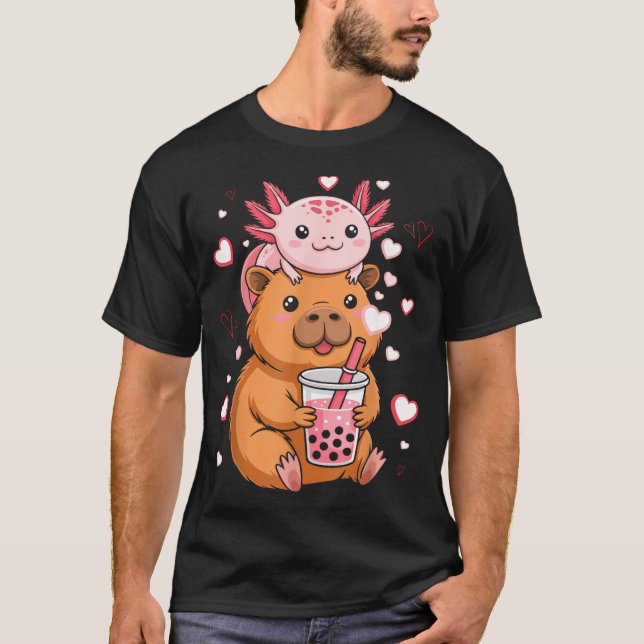 T-shirt Cute Kawaii Axolotl Capybara Bubble Tea Boys Girls (Devant)