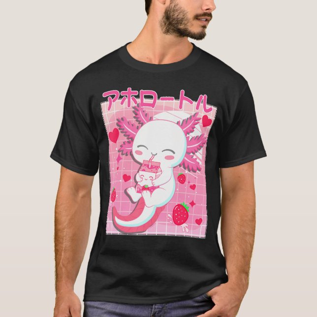 T-shirt Cute Kawaii Axolotl Strawberry Milk Anime japonais (Devant)