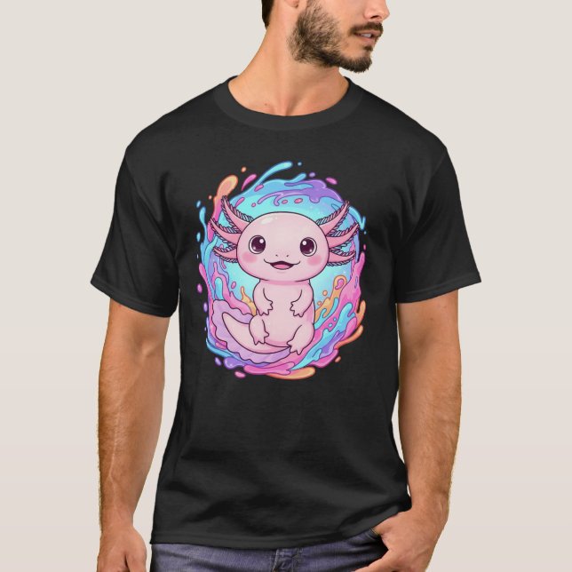T-shirt Cute Kawaii Axolotl Water Splash Art (Devant)