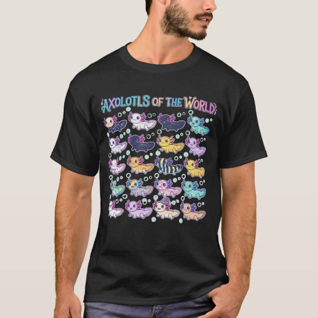 T-shirt Cute Kawaii Axolotls of the World (Devant)