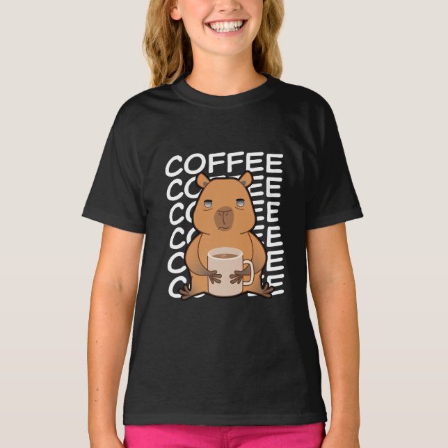T-shirt Cute Kawaii Capybara Boire Café (Devant)