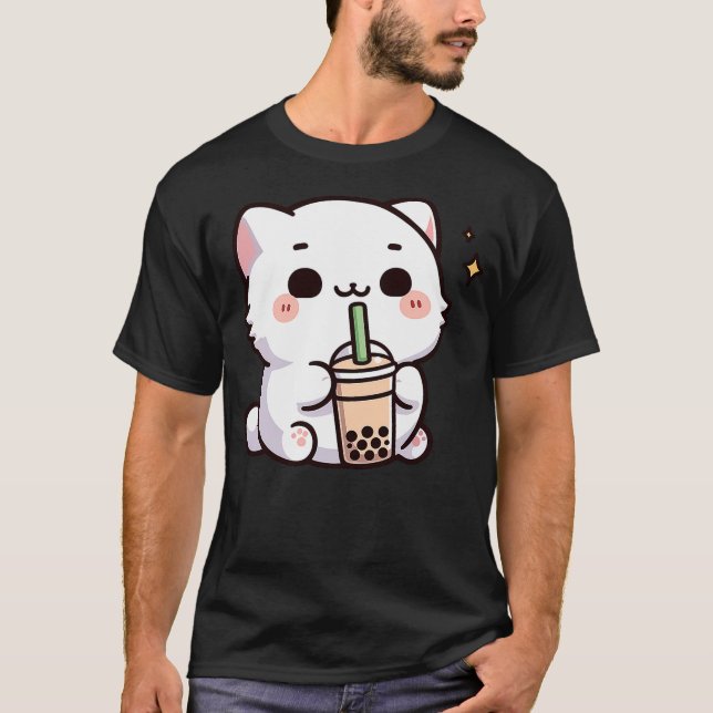 T-shirt Cute Kawaii Cat Drinking Boba Tea (Devant)